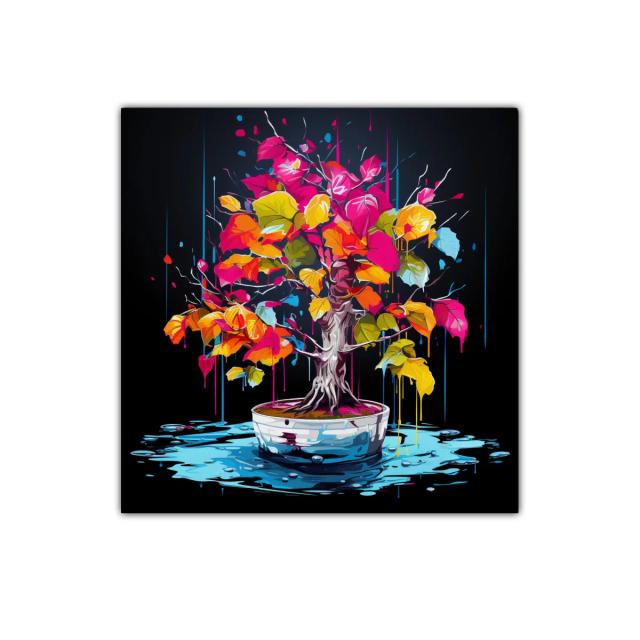 Árbol de colores vibrantes sobre fondo oscuro intenso