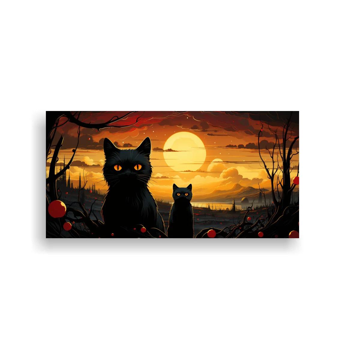 Cuadro de dos gatos negros ante un astro luminoso