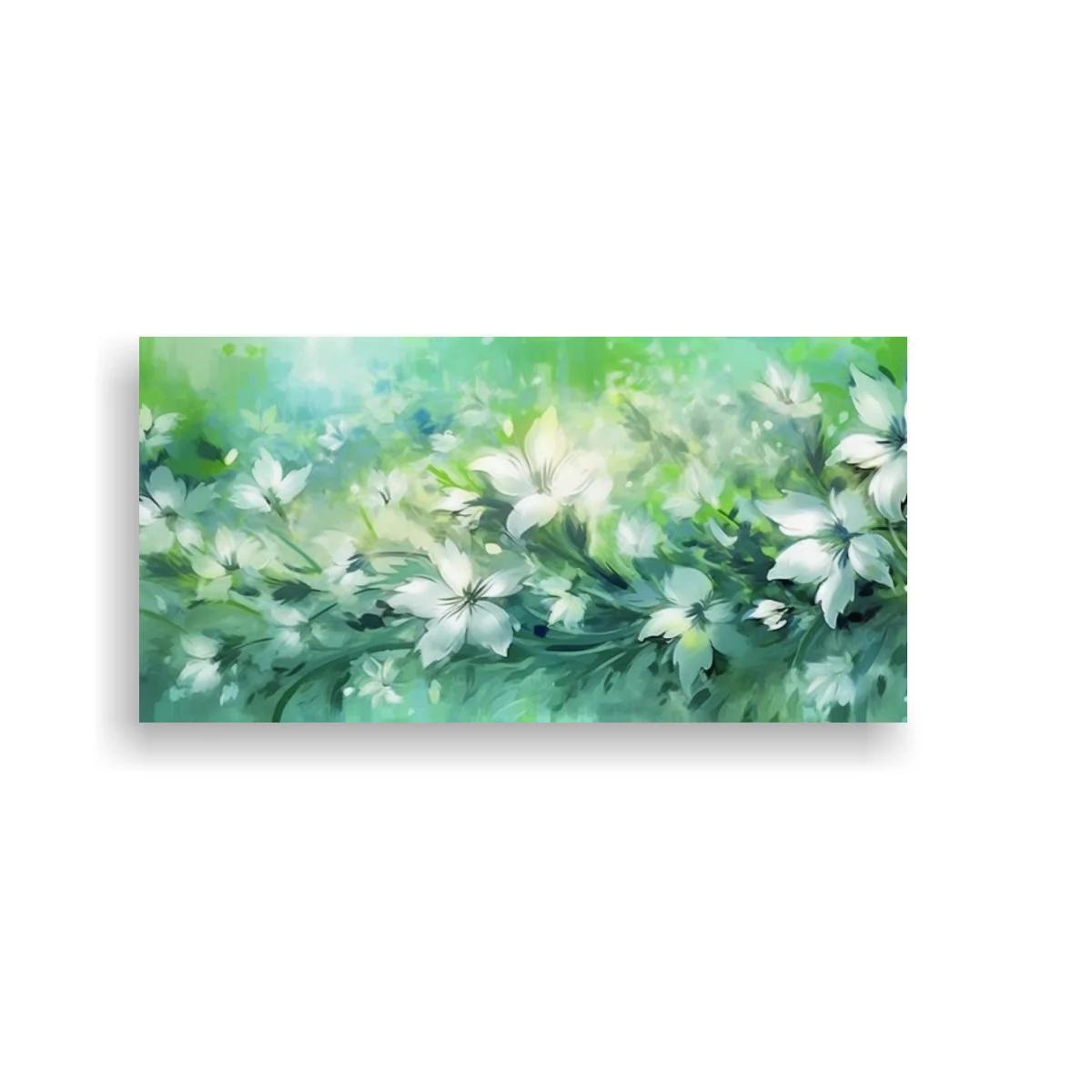 Cuadro flores blancas con fondo verde suave