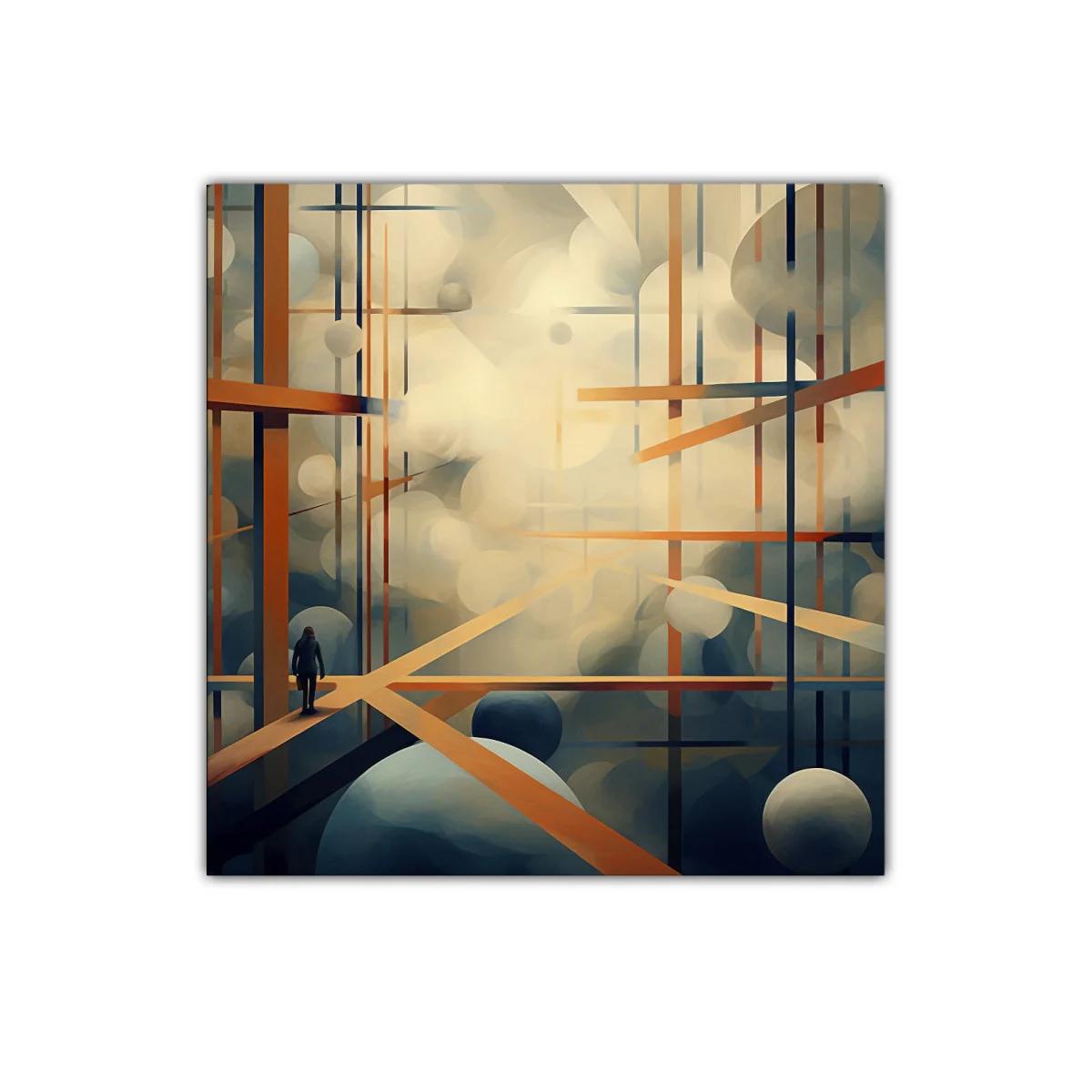 Composición abstracta con líneas y esferas en tonos cálidos