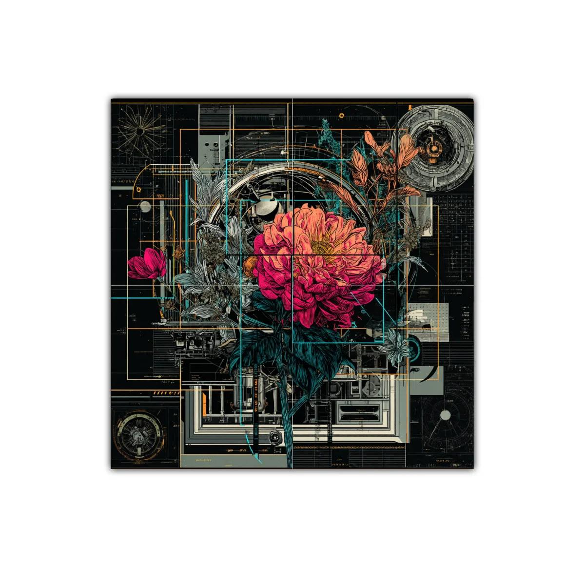 Composición floral futurista con elementos técnicos y vibrantes — imagen principal