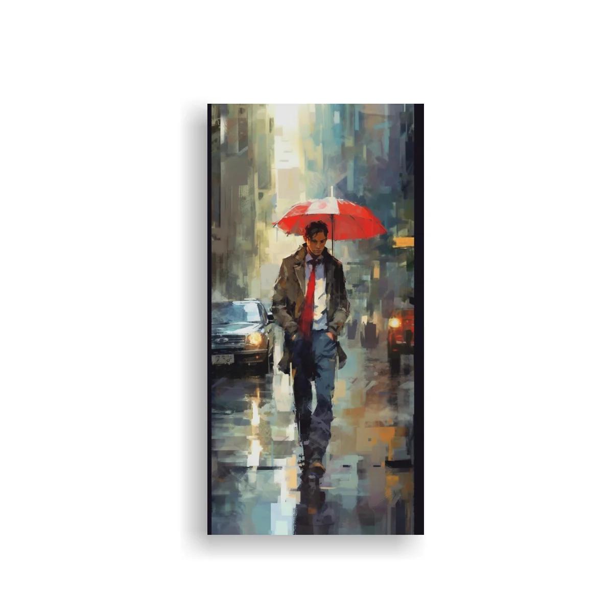 Cuadro hombre con paraguas rojo y corbata roja