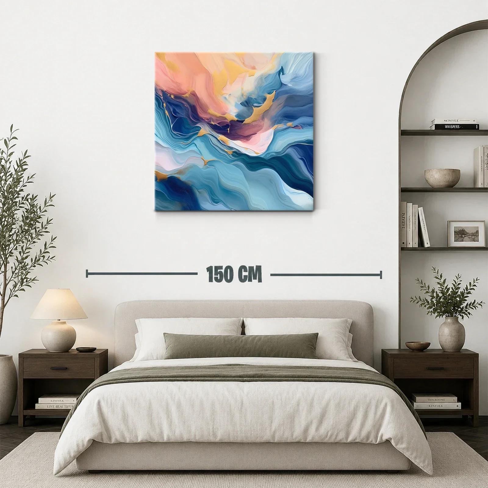 Cuadro abstracto en tonos azules y dorados con toques rosados — miniatura 3