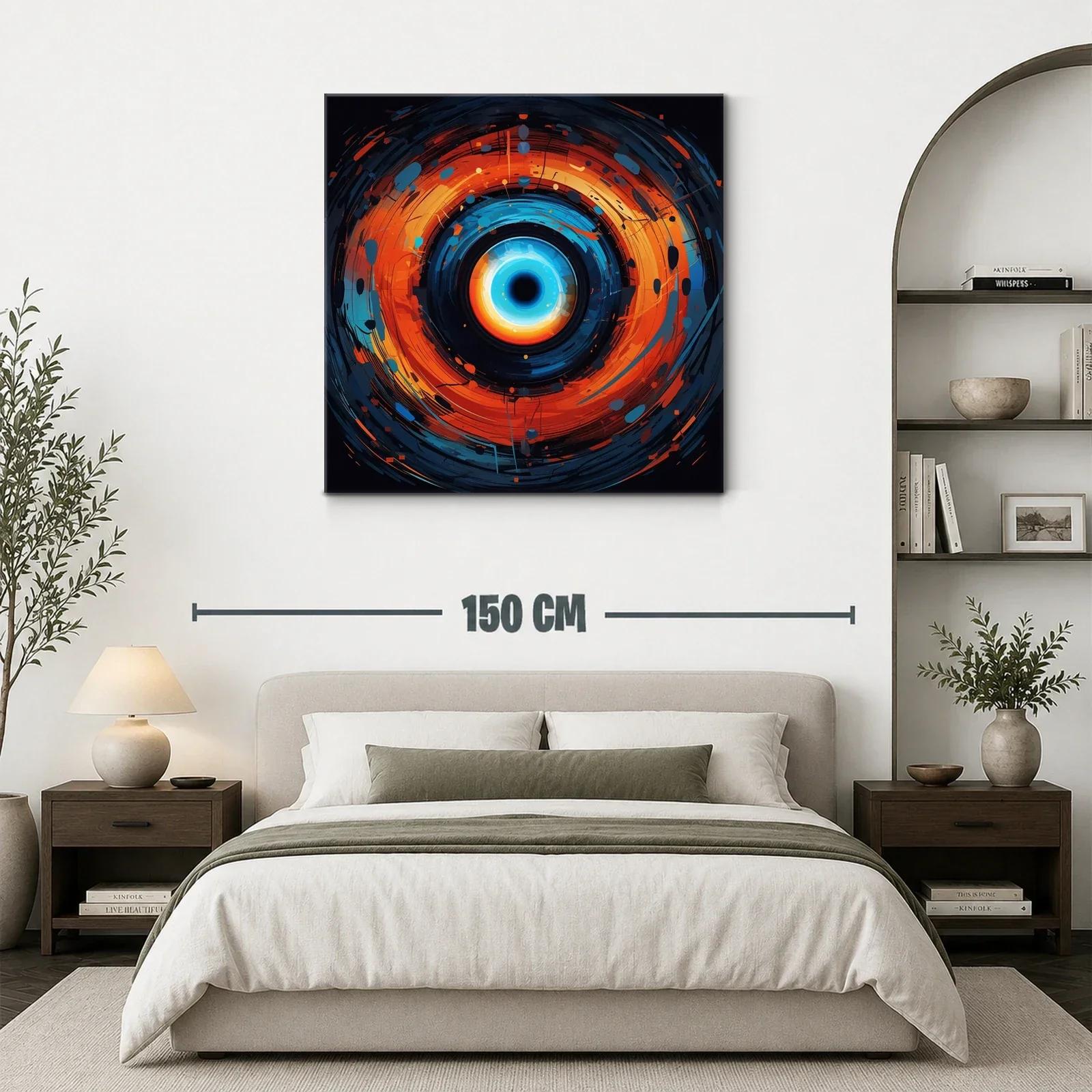 Cuadro abstracto con espiral vibrante en tonos azules y naranjas — miniatura 3
