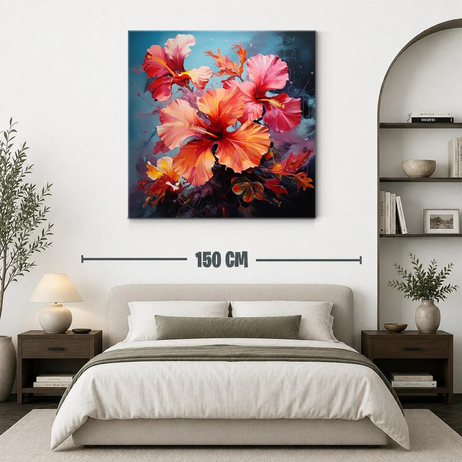 Cuadro floral con vibrantes tonos cálidos y fondo azul — miniatura 3