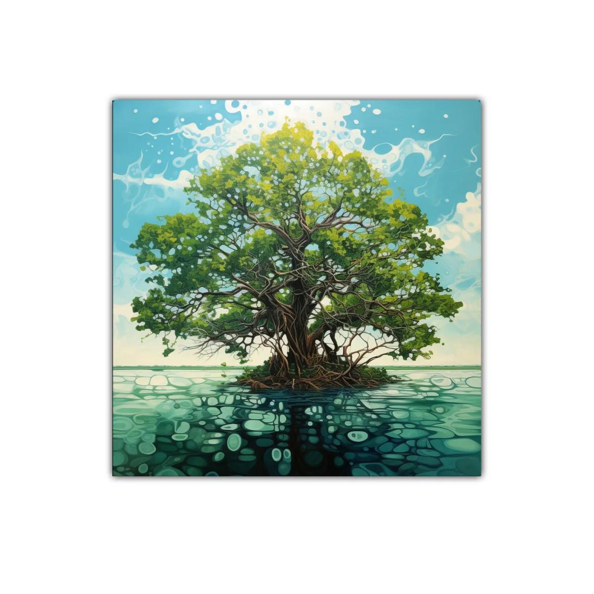Árbol solitario sobre agua con reflejos y cielo azul