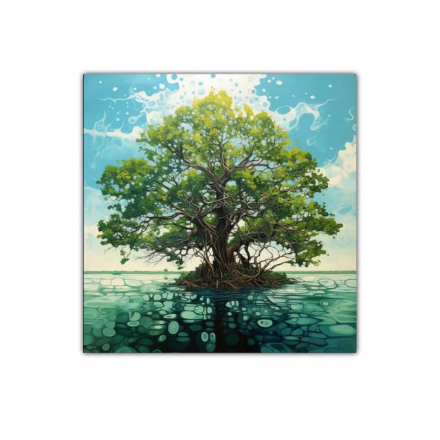 Árbol solitario sobre agua con reflejos y cielo azul