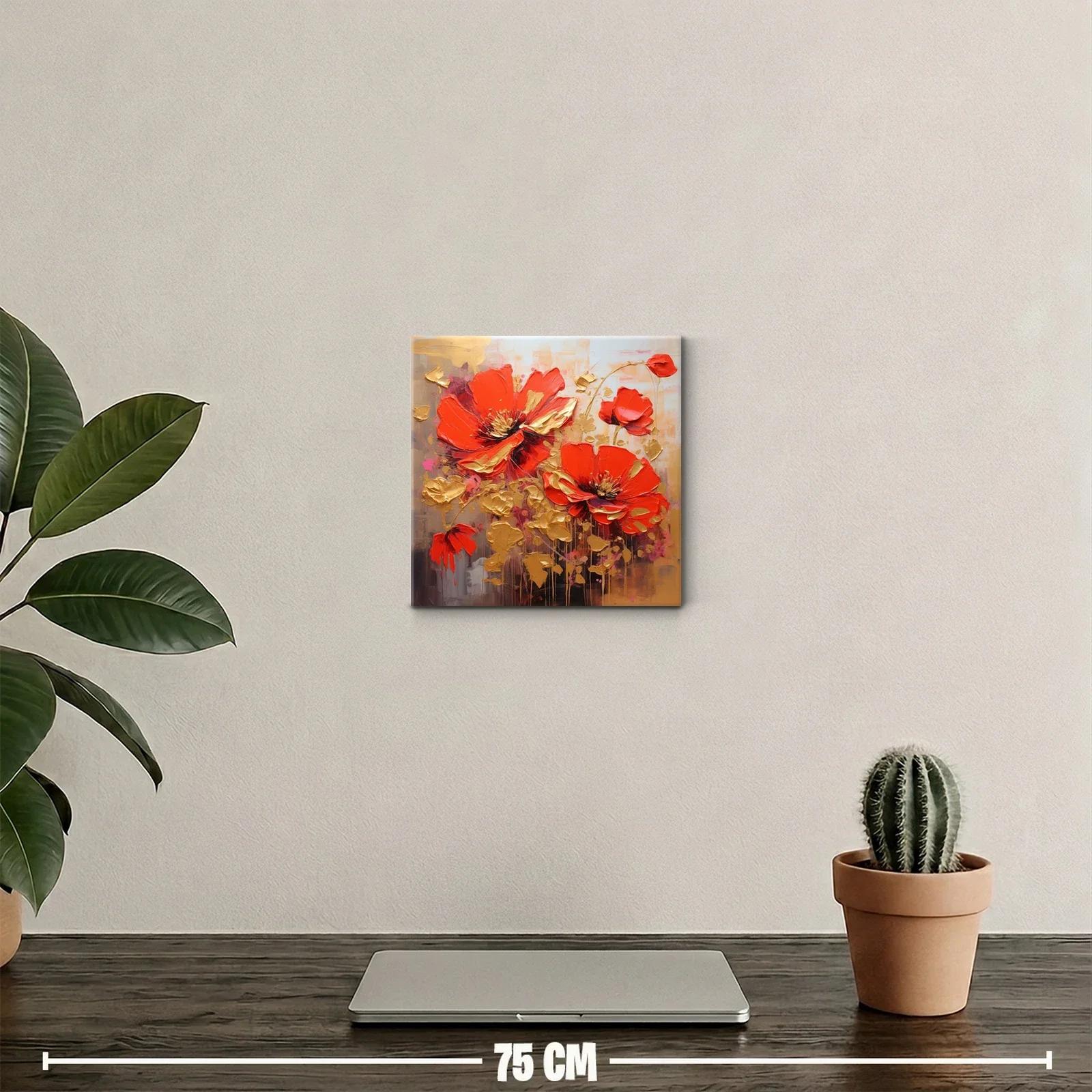 Cuadro floral vibrante con toques dorados y rojos intensos — miniatura 2