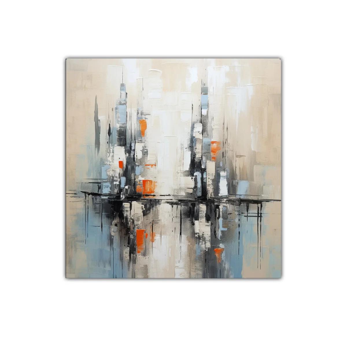 Cuadro abstracto con reflejos urbanos en tonos neutros y naranjas