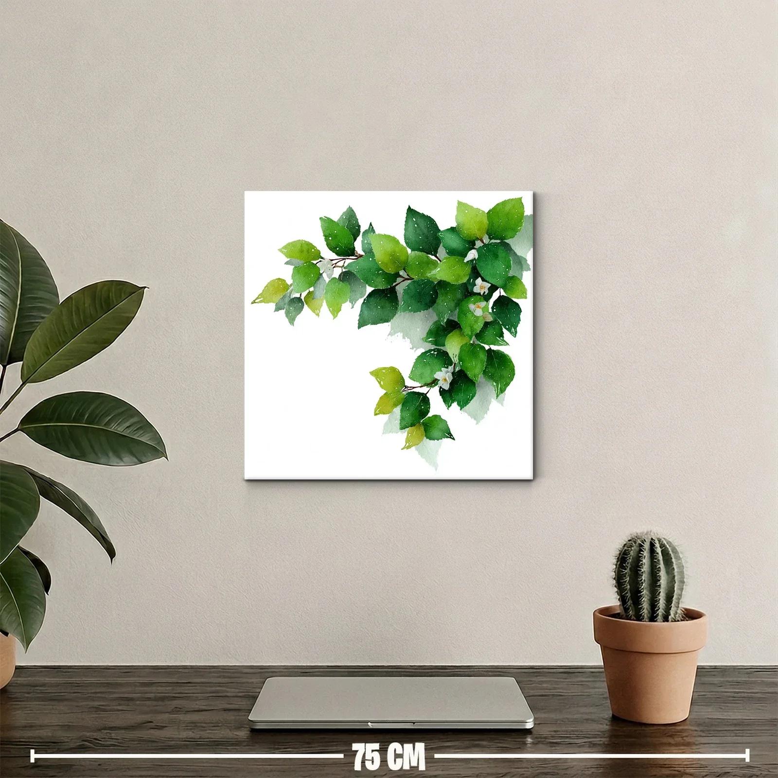 Rama con hojas verdes y flores blancas en acuarela — miniatura 2