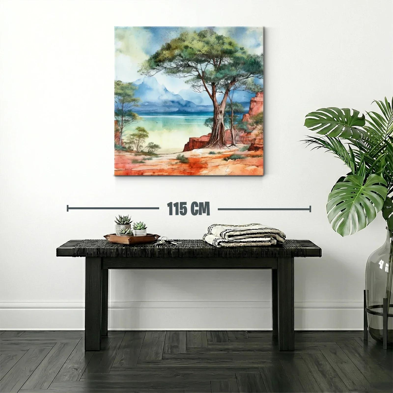 Paisaje natural con árbol y costa azul en tonos cálidos — miniatura 2
