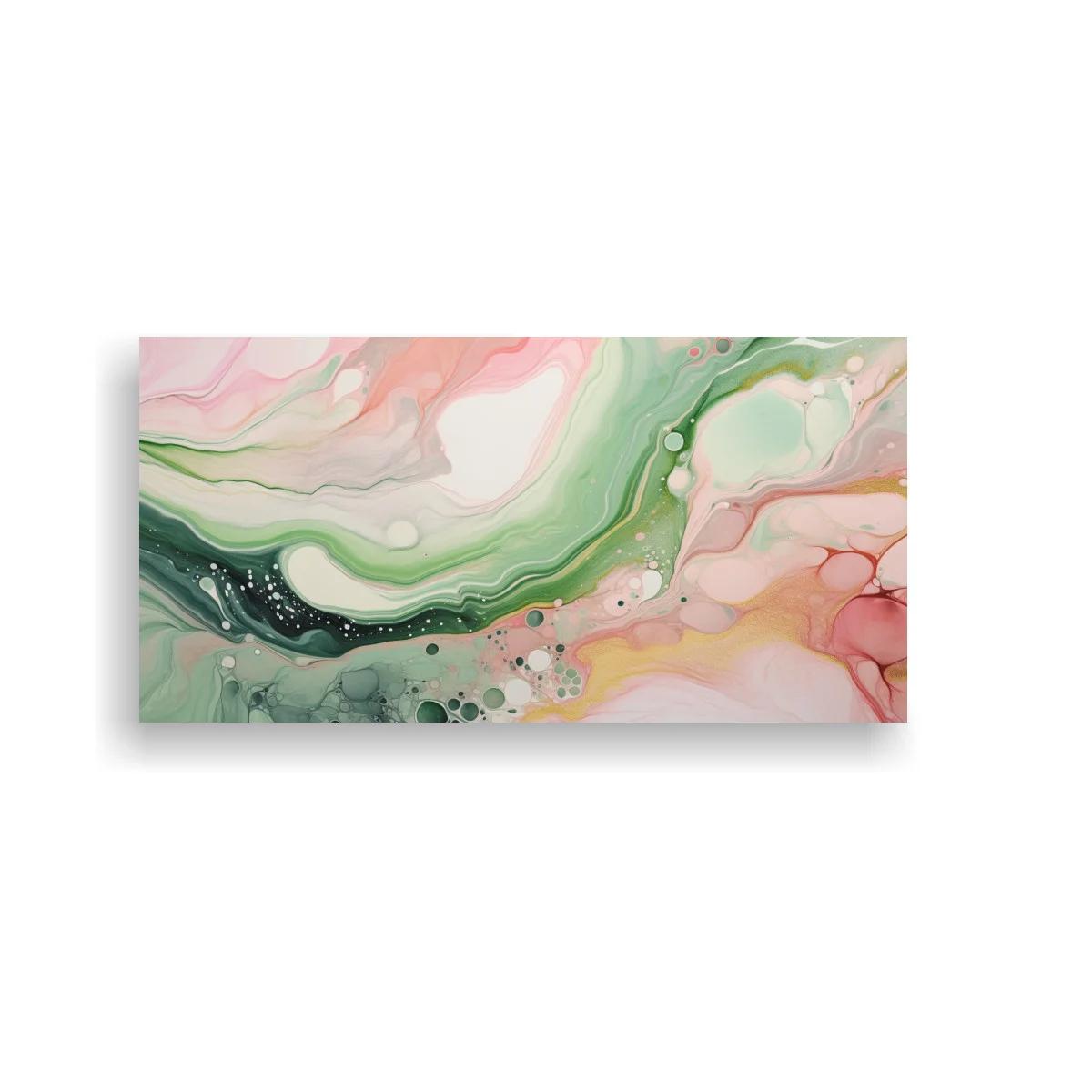 Cuadro abstracción fluida en verde y rosa con vetas tipo mármol