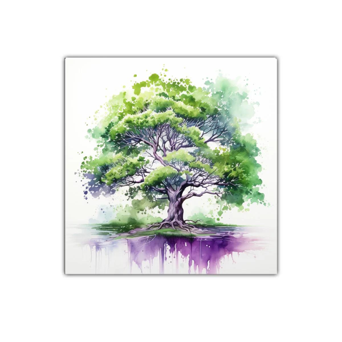 Árbol vibrante con reflejo en tonos verdes y púrpuras