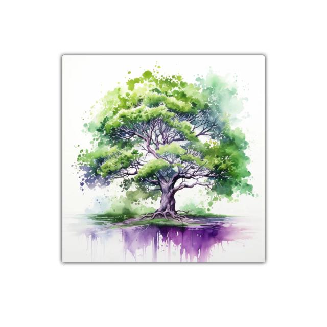 Árbol vibrante con reflejo en tonos verdes y púrpuras