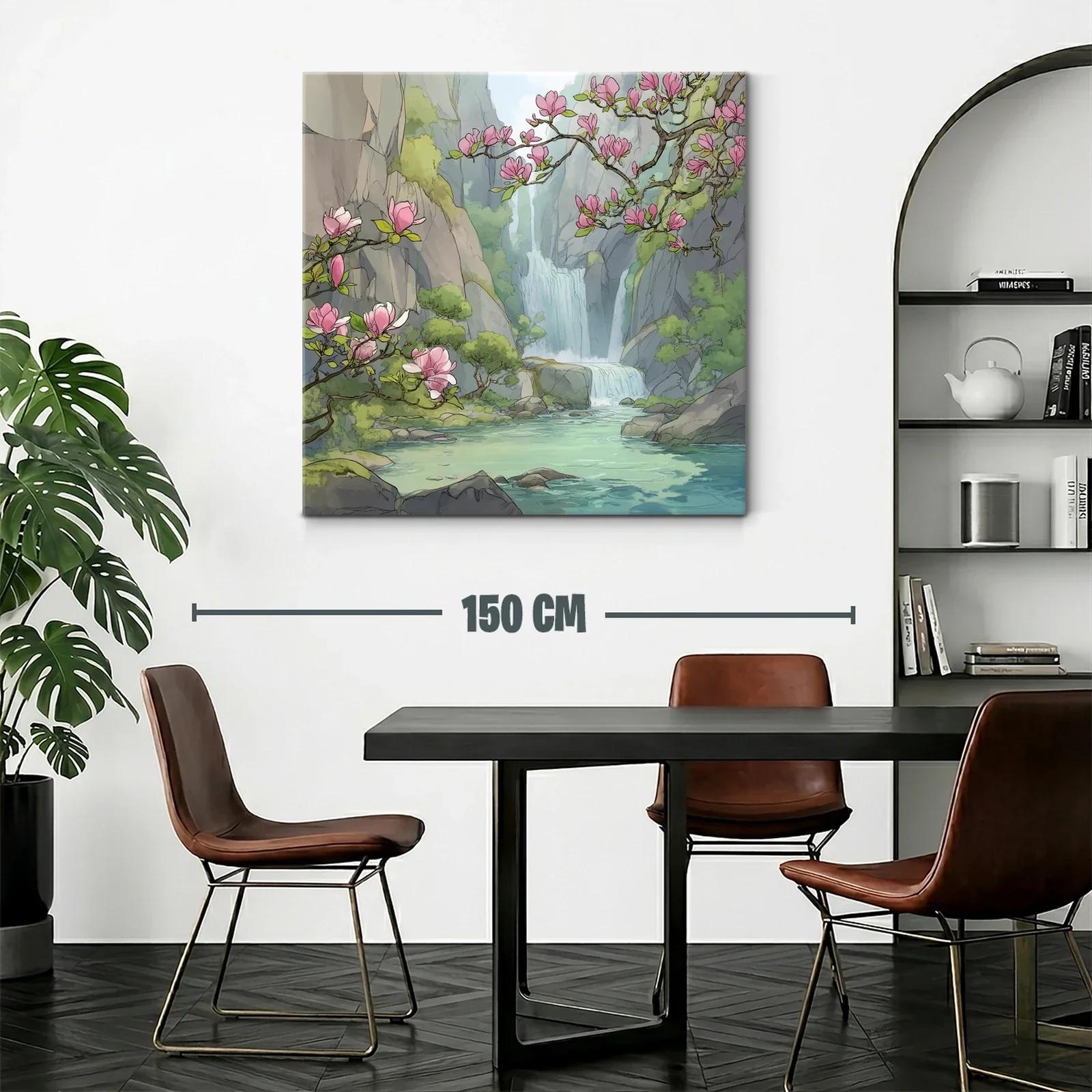 Paisaje sereno con cascada y flores rosadas en ribera — miniatura 2