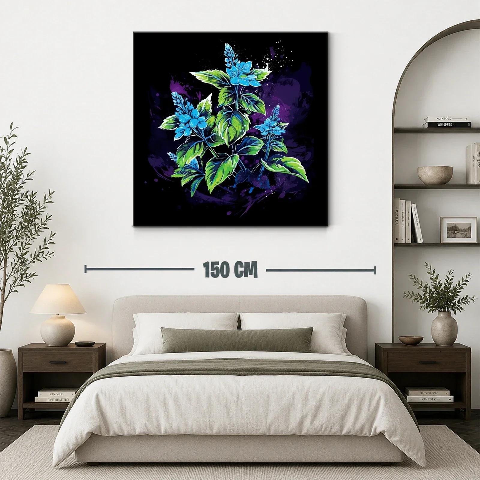 Cuadro con flores azules y hojas verdes sobre fondo oscuro — miniatura 3
