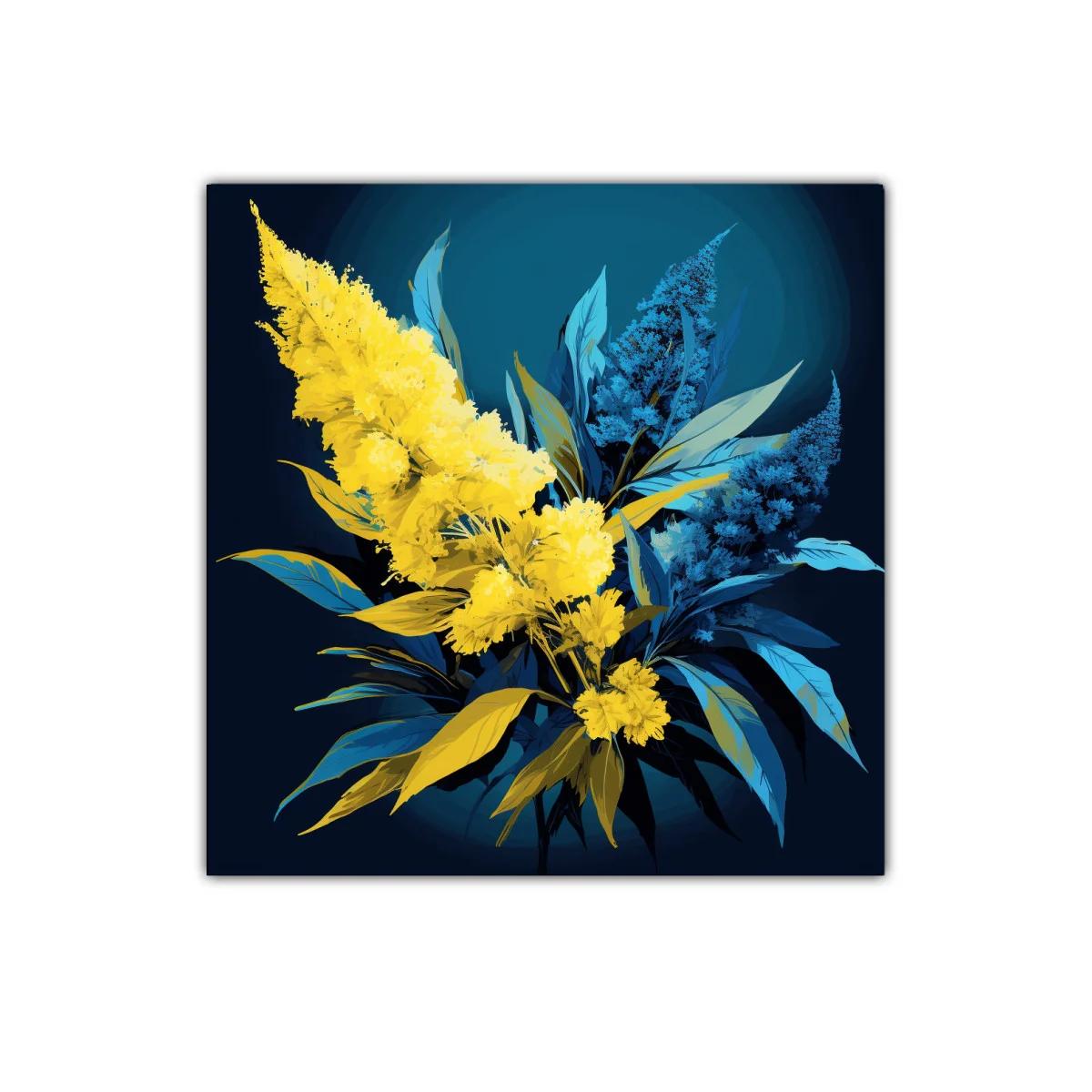 Cuadro decorativo con ramo floral en tonos azul y amarillo