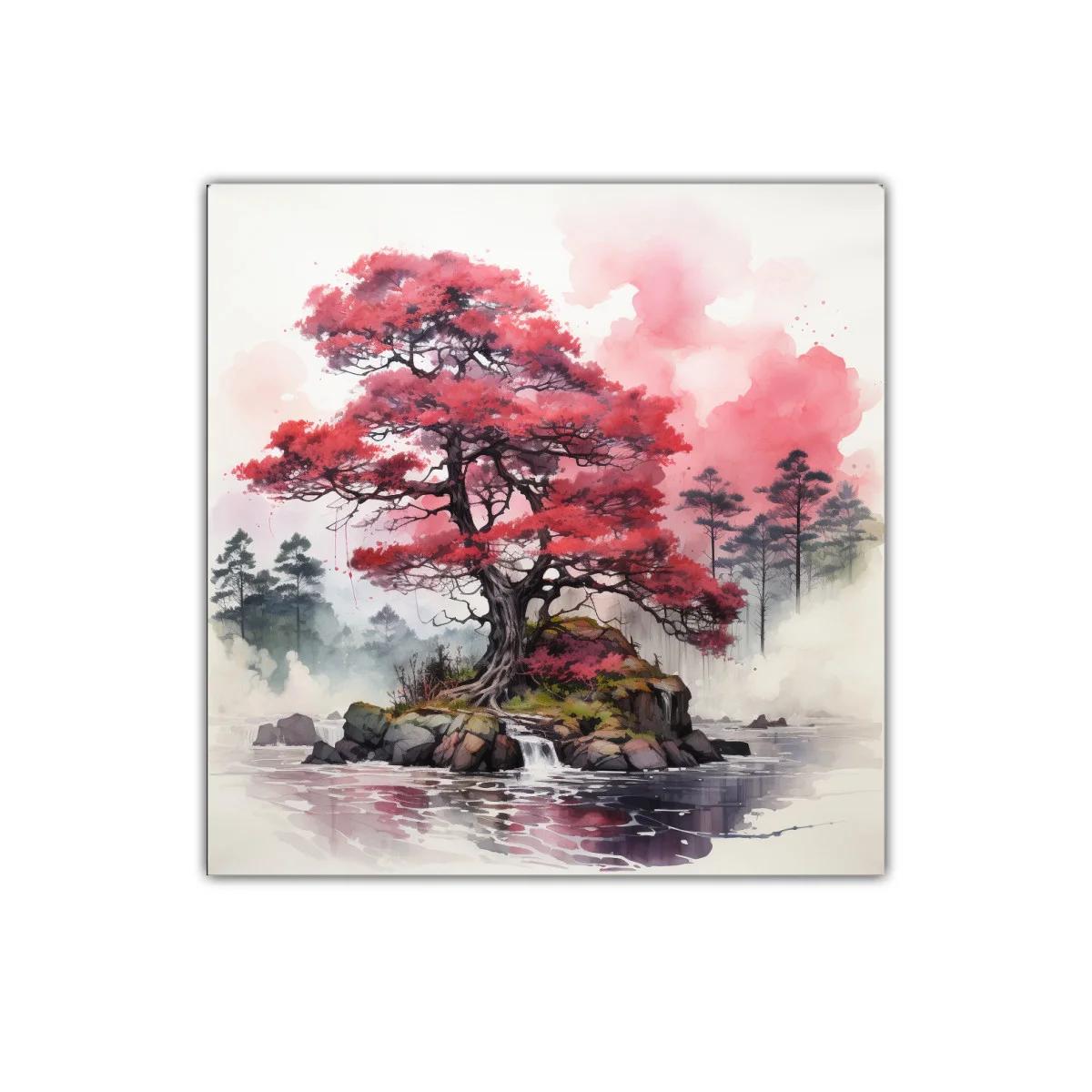 Árbol rojo sobre isla rocosa en lago sereno — imagen principal