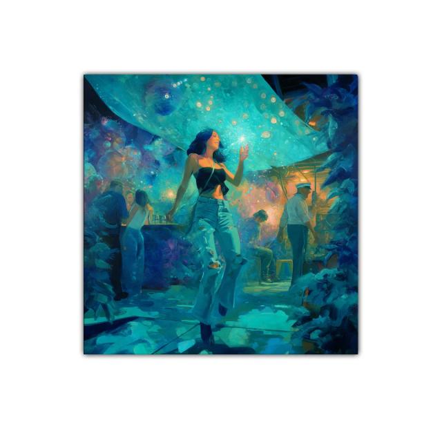 Mujer bailando bajo luces brillantes en ambiente nocturno