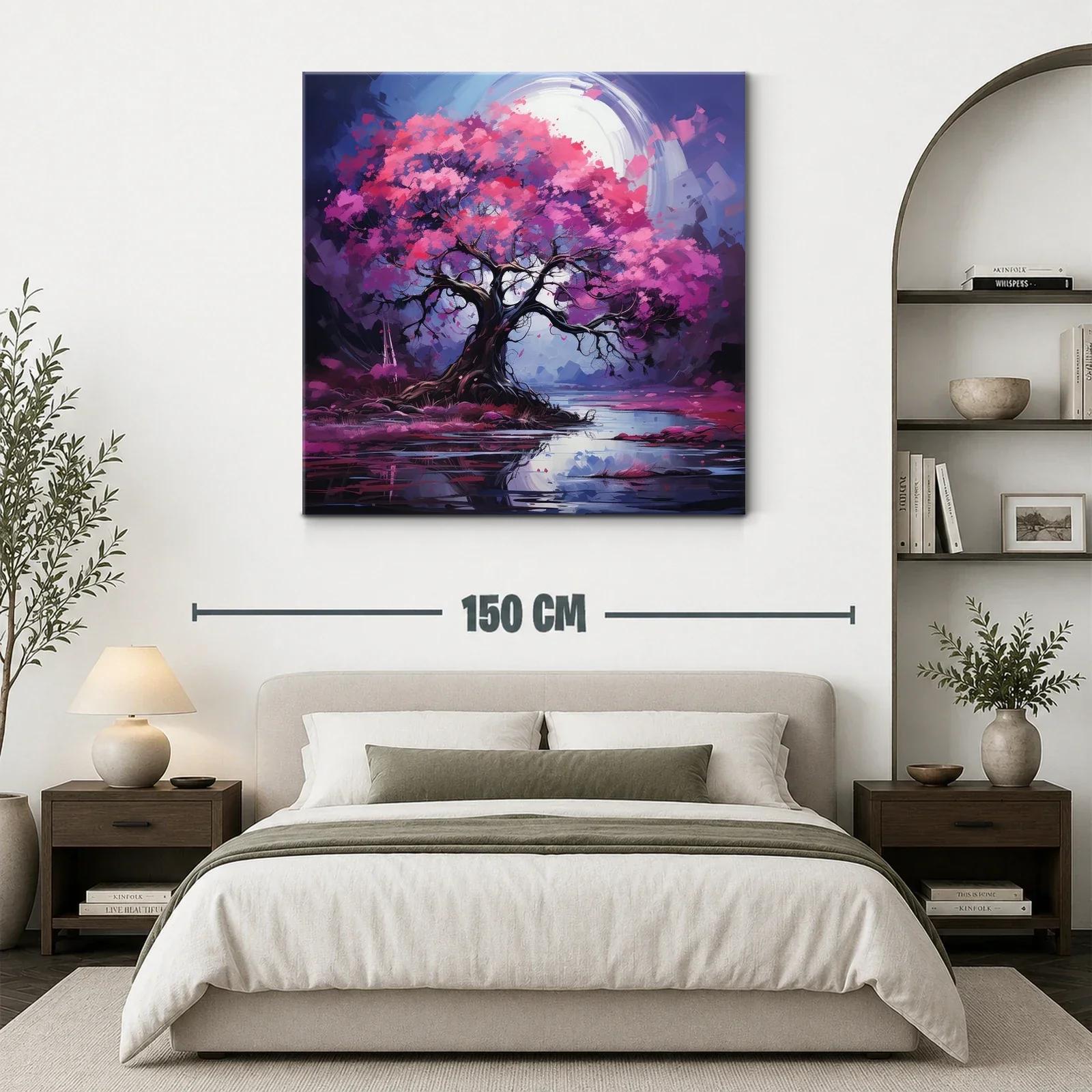 Árbol en flor bajo luna brillante sobre lago sereno — miniatura 3