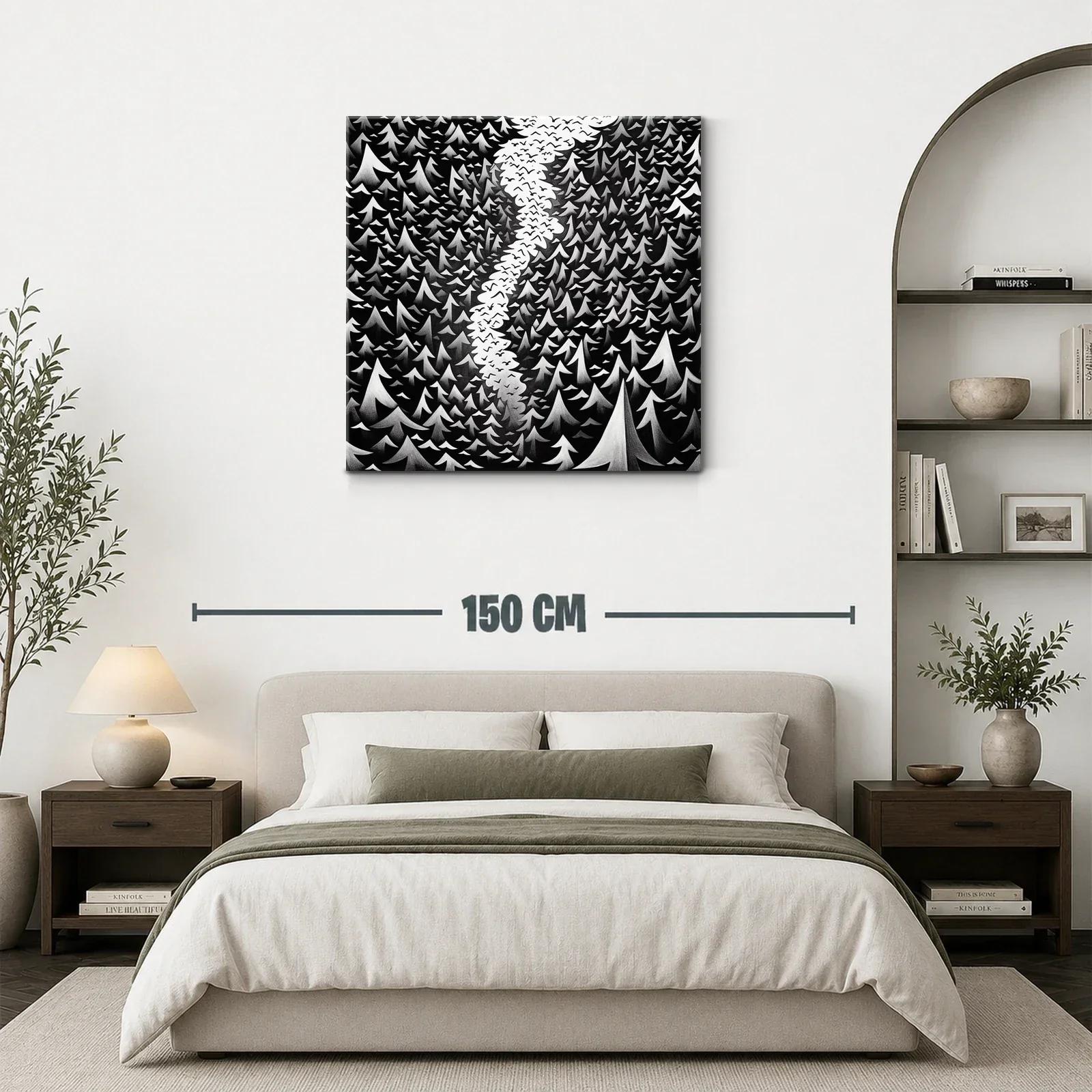 Bosque en blanco y negro con cielo lleno de aves — miniatura 3