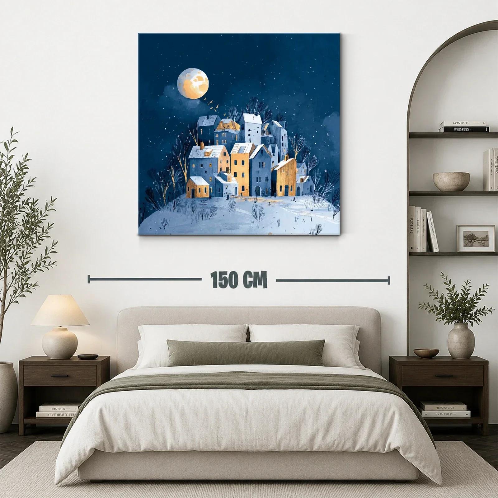Paisaje nocturno con casas iluminadas y luna llena — miniatura 3
