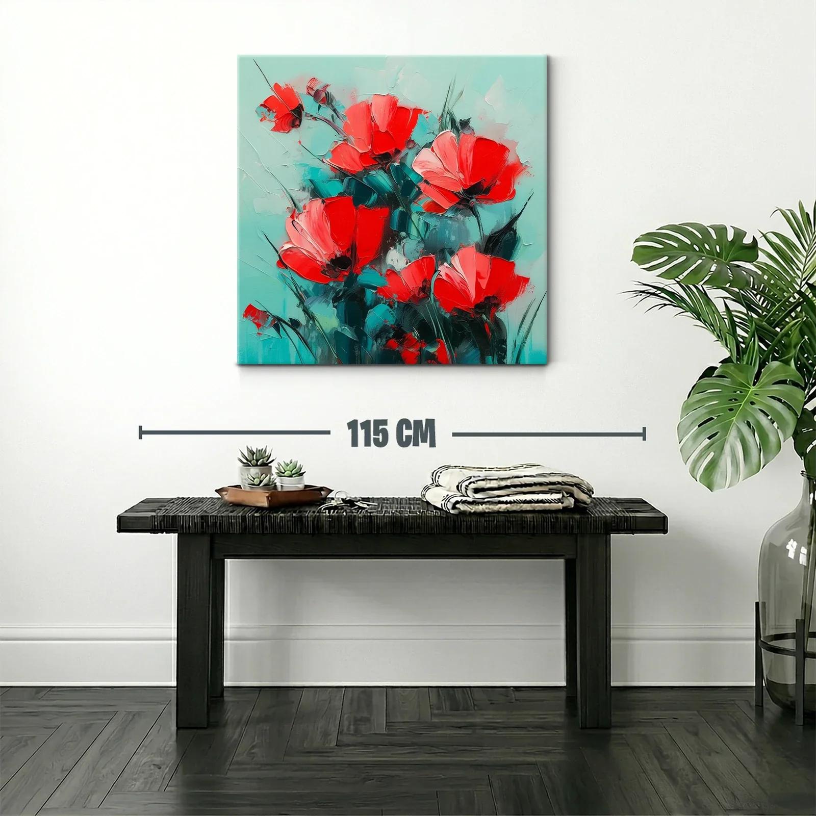 Cuadro floral con vibrantes amapolas rojas sobre fondo turquesa — miniatura 2