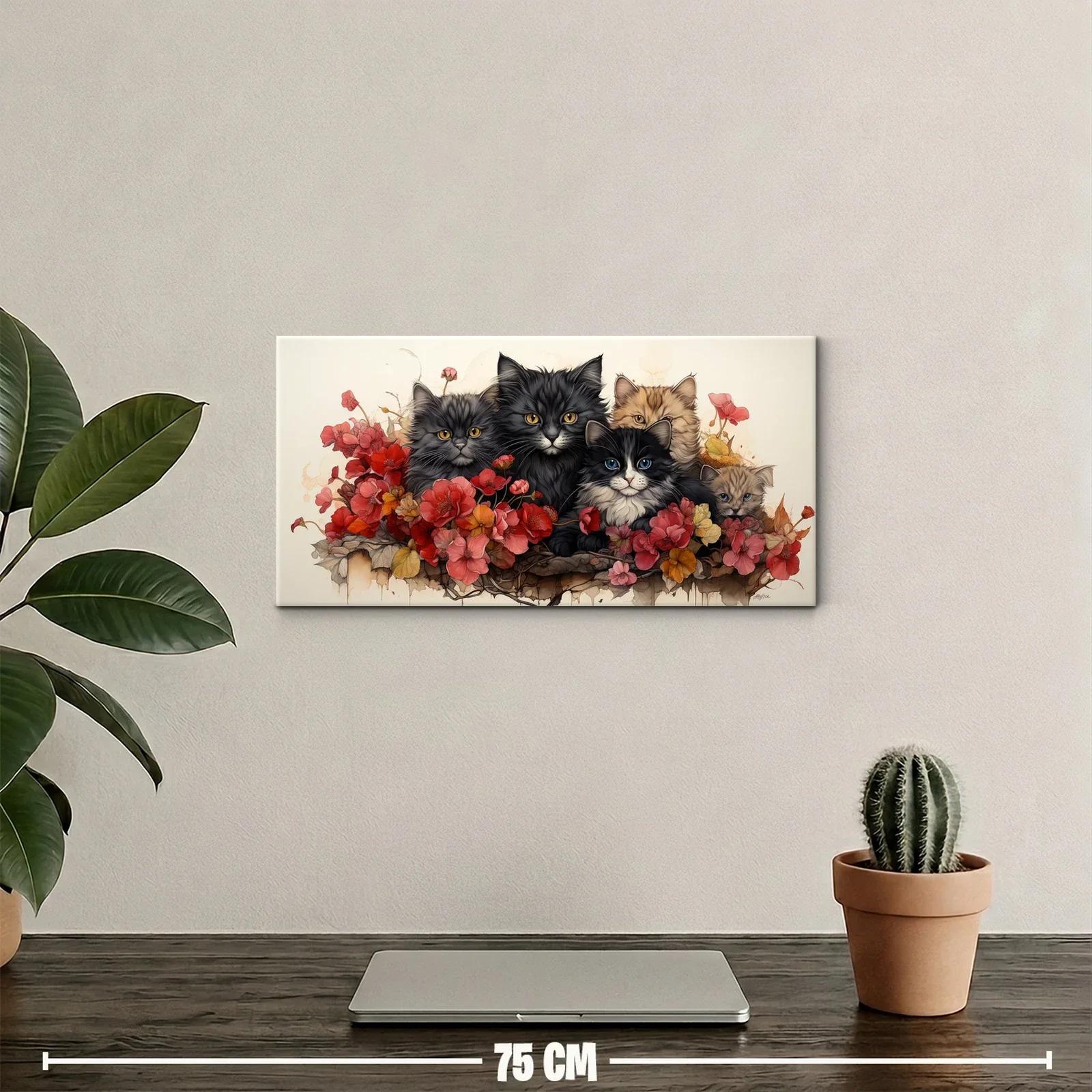 Cuadro tres gatos entre flores rojas con un cuarto gato asomando — miniatura 2