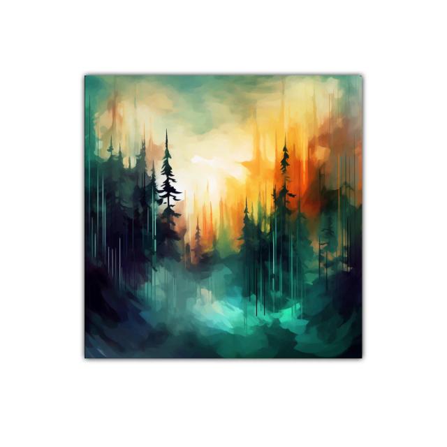 Bosque abstracto al amanecer con luces vibrantes y contraste