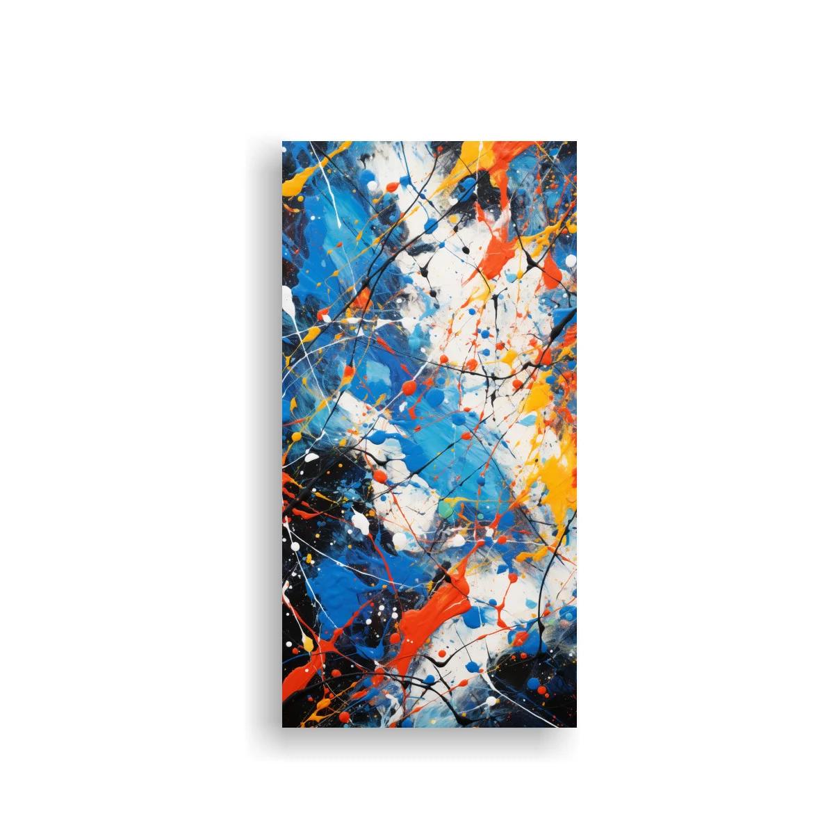 Cuadro de salpicaduras abstractas con azul y acentos cálidos