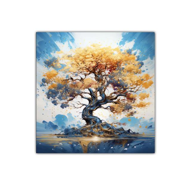 Árbol dorado con ramas en espiral sobre fondo azul