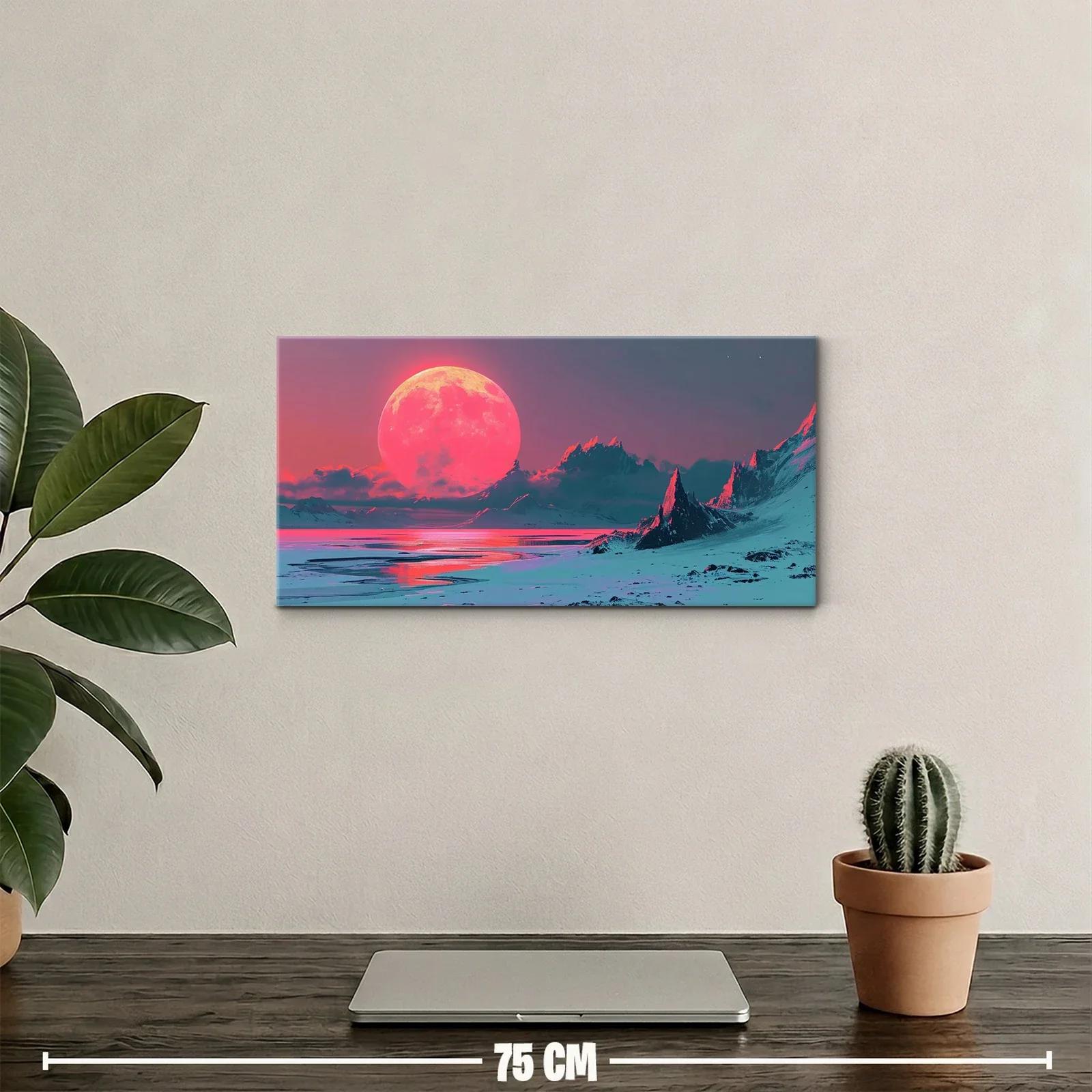 Cuadro luna llena rosa sobre el mar con costa helada — miniatura 2