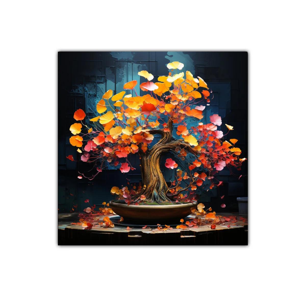 Árbol ornamental de hojas coloridas en ambiente oscuro