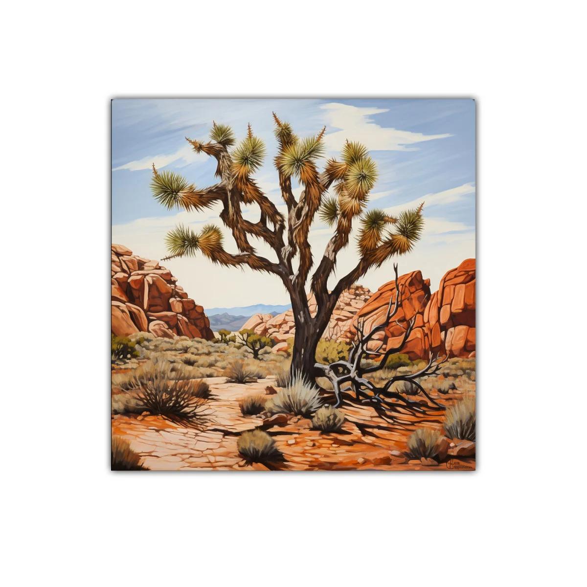Paisaje árido con árbol solitario y rocas rojizas