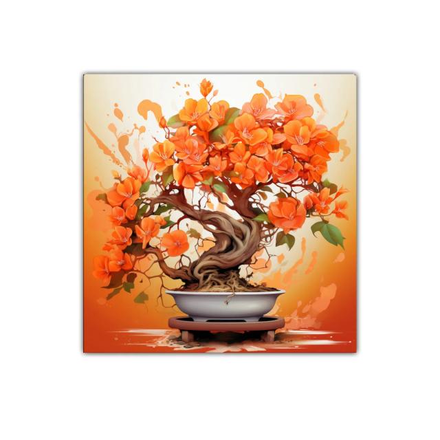 Bonsái en flor con vibrantes tonos naranja y forma elegante