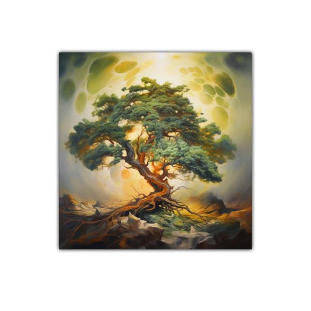 Árbol solitario con raíces entrelazadas y luz dorada