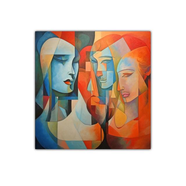 Cuadro abstracto con rostros y contrastes cálidos y fríos