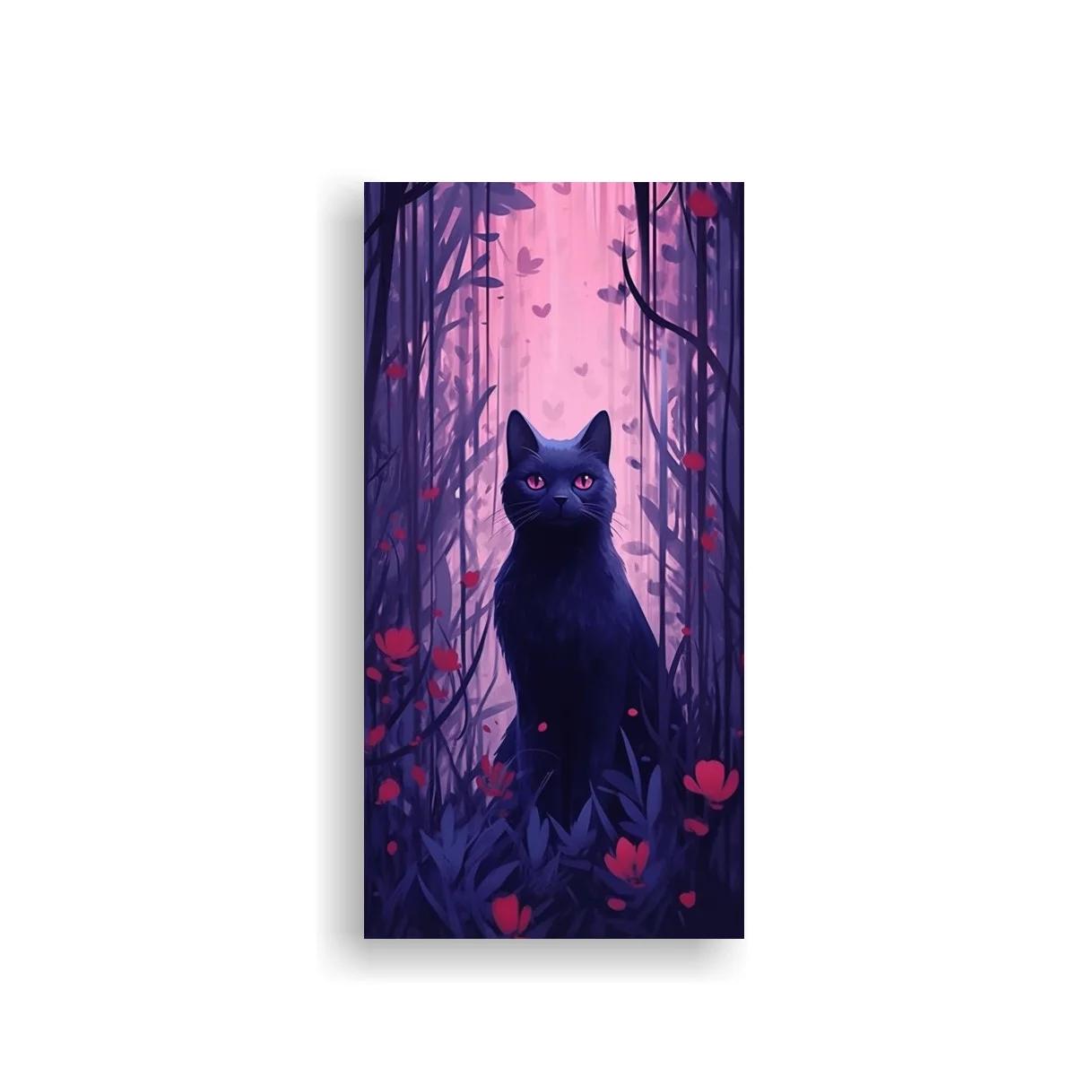 Cuadro gato negro con flores rojas y fondo lila