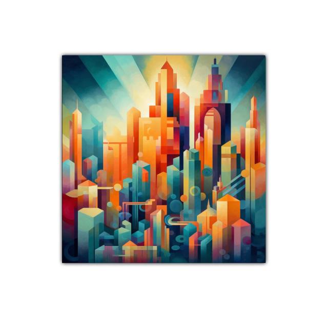 Ciudad vibrante con rascacielos en tonos cálidos y fríos