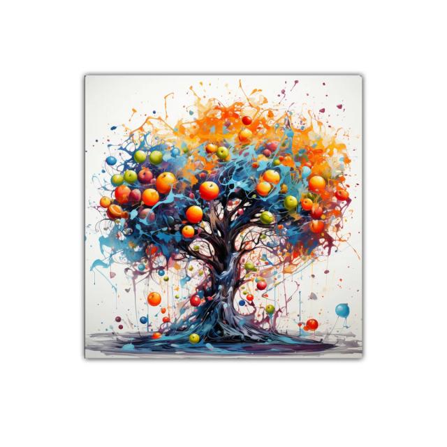 Árbol colorido con frutas vibrantes en fondo blanco