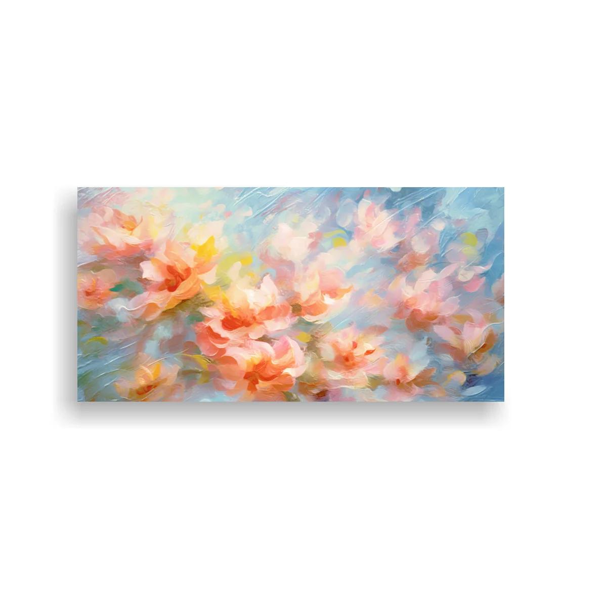Cuadro flores rosadas etéreas con fondo azul celeste