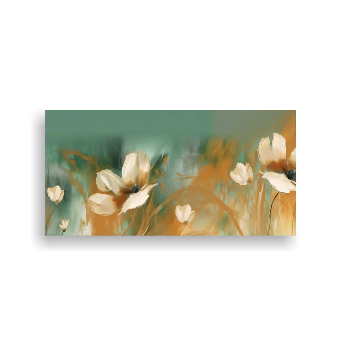 Cuadro de flores blancas tipo amapola con fondo verde agua