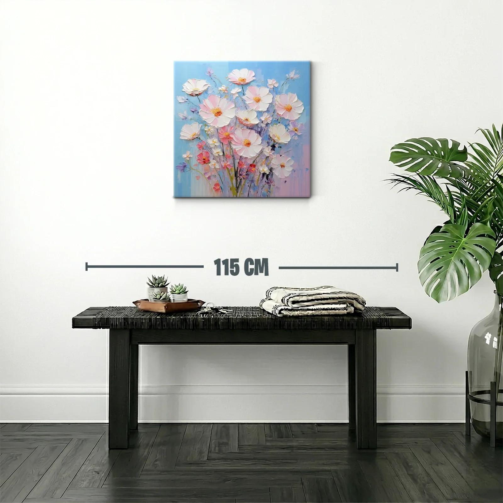 Cuadro ramo de flores delicadas en tonos pastel y fondo azul — miniatura 2