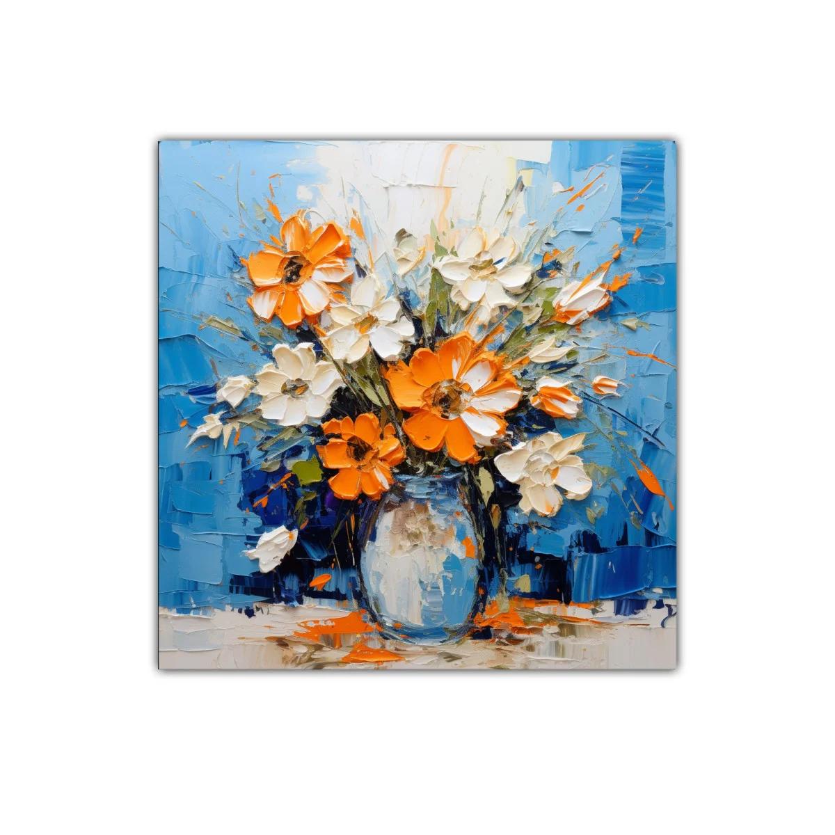 Vibrante ramo de flores naranjas y blancas sobre fondo azul