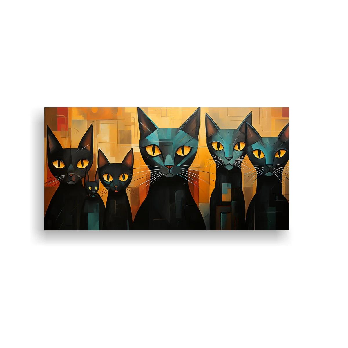 Cuadro gatos negros de ojos amarillos sobre fondo geométrico