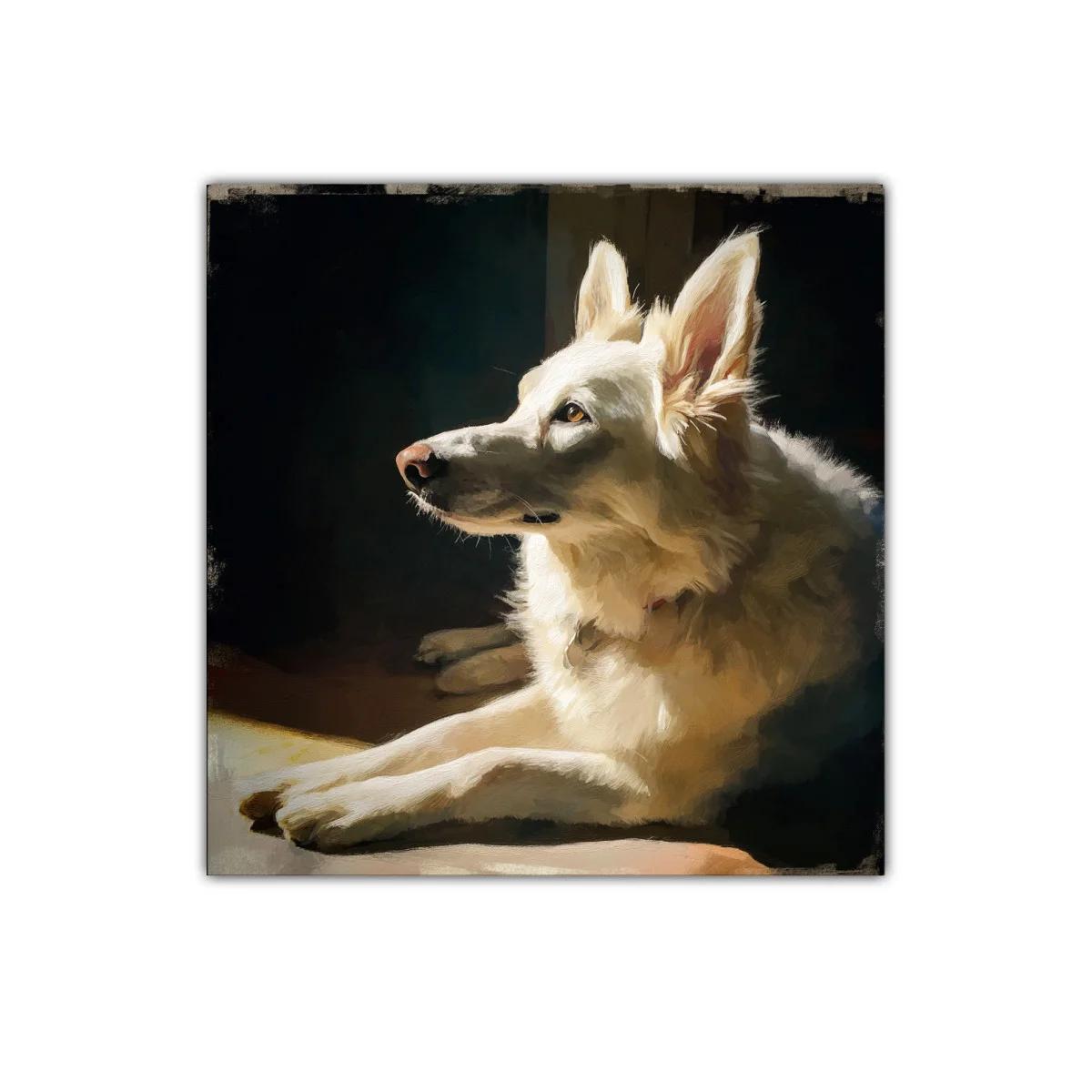 Retrato luminoso de perro blanco en descanso sereno