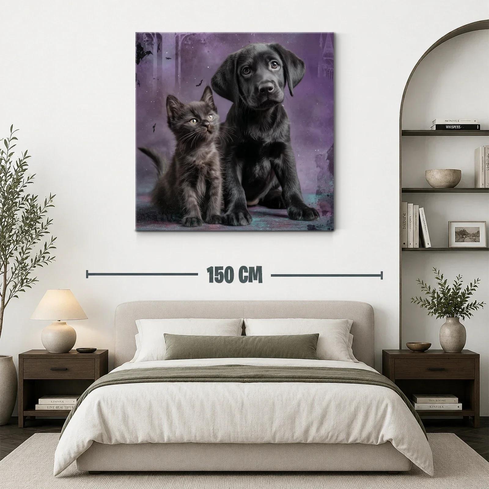 Tierno cuadro de cachorro y gatito sobre fondo violeta — miniatura 3