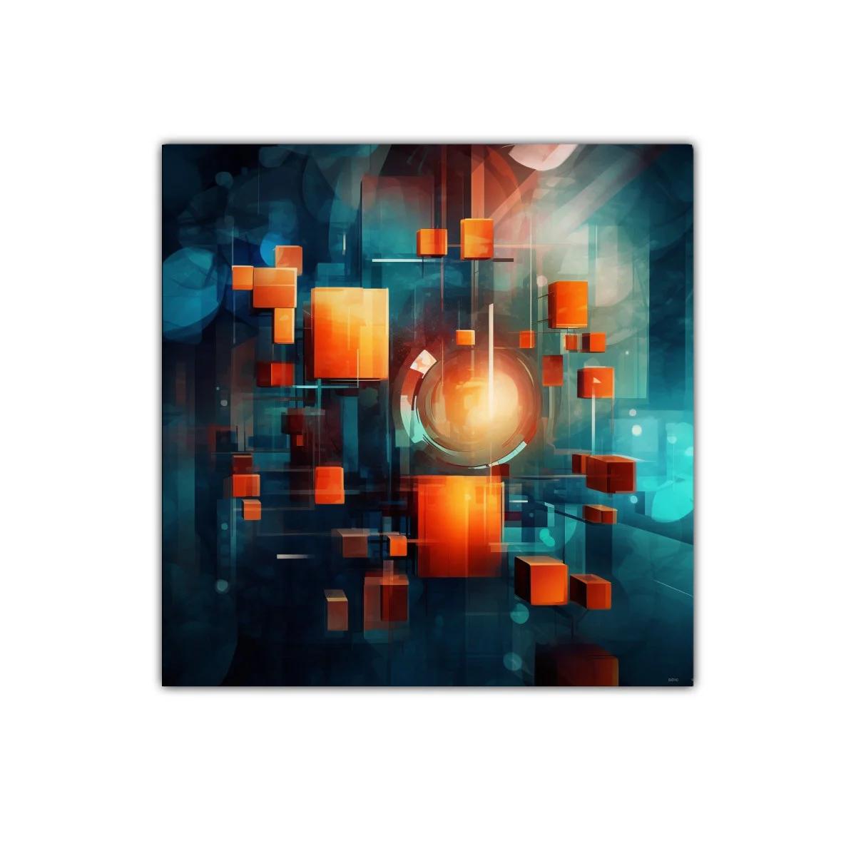 Composición abstracta con cubos naranjas flotantes en fondo azul