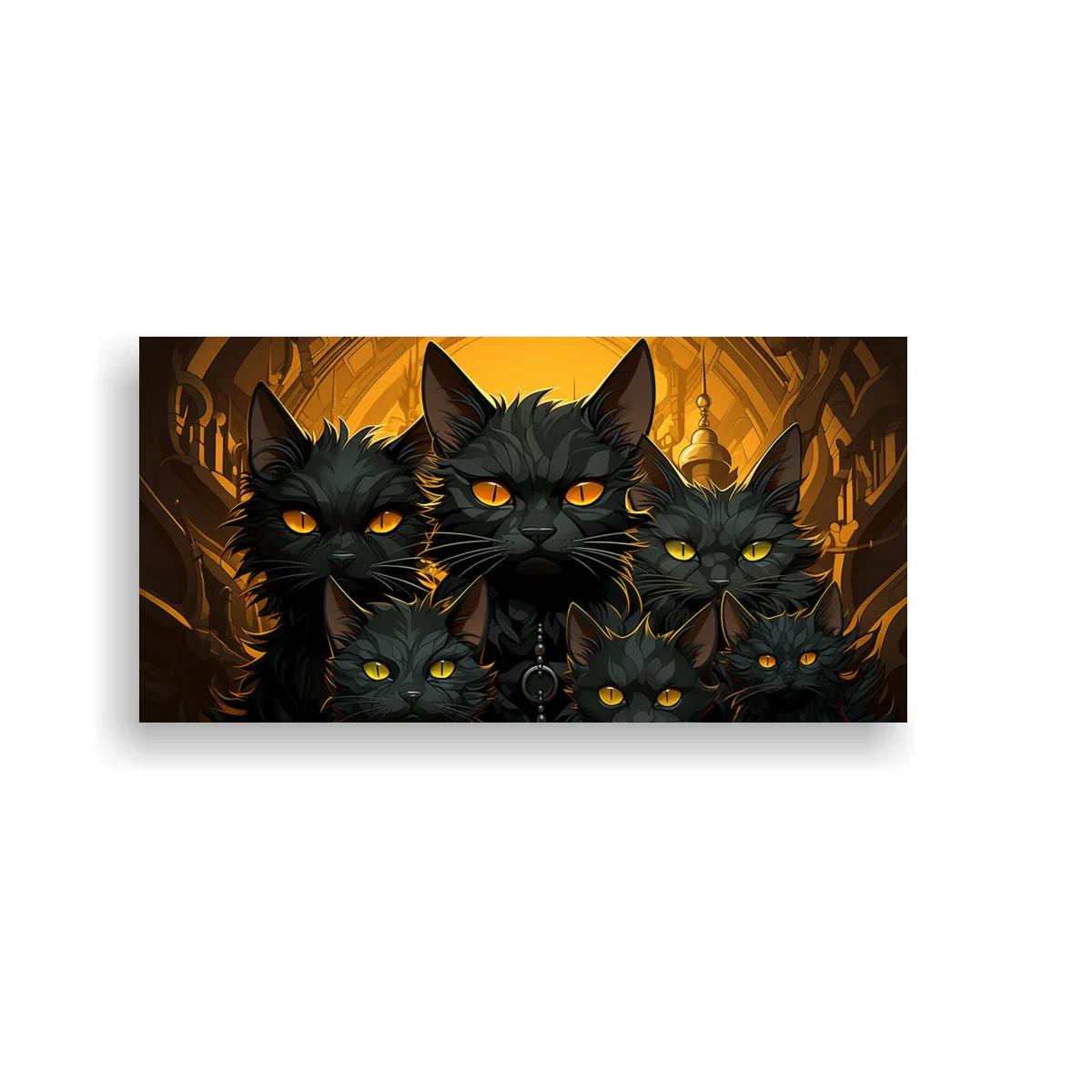 Cuadro grupo de gatos negros con arcos dorados