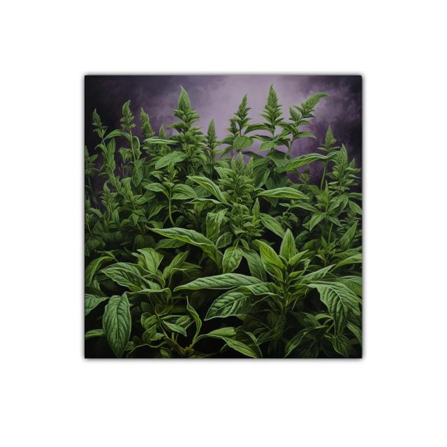 Cuadro decorativo de hojas verdes con fondo púrpura